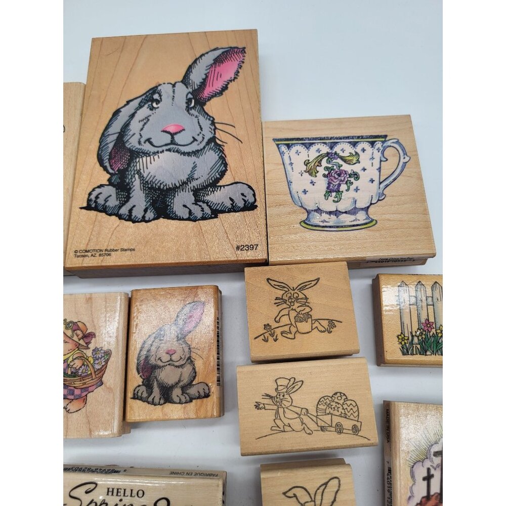 EASTER, SPRING Lot of 24 Wood Mounted Rubber Stamps Bunny Ducks Egg Religious - Picture 5 of 7
